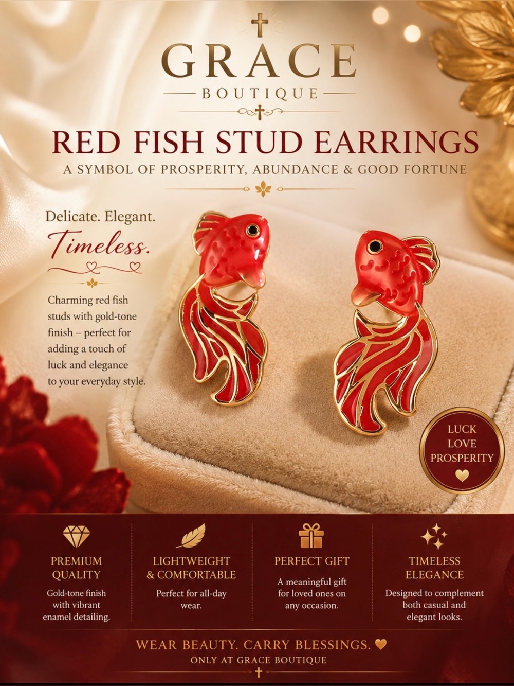 Grace Boutique Red Fish Stud Earrings